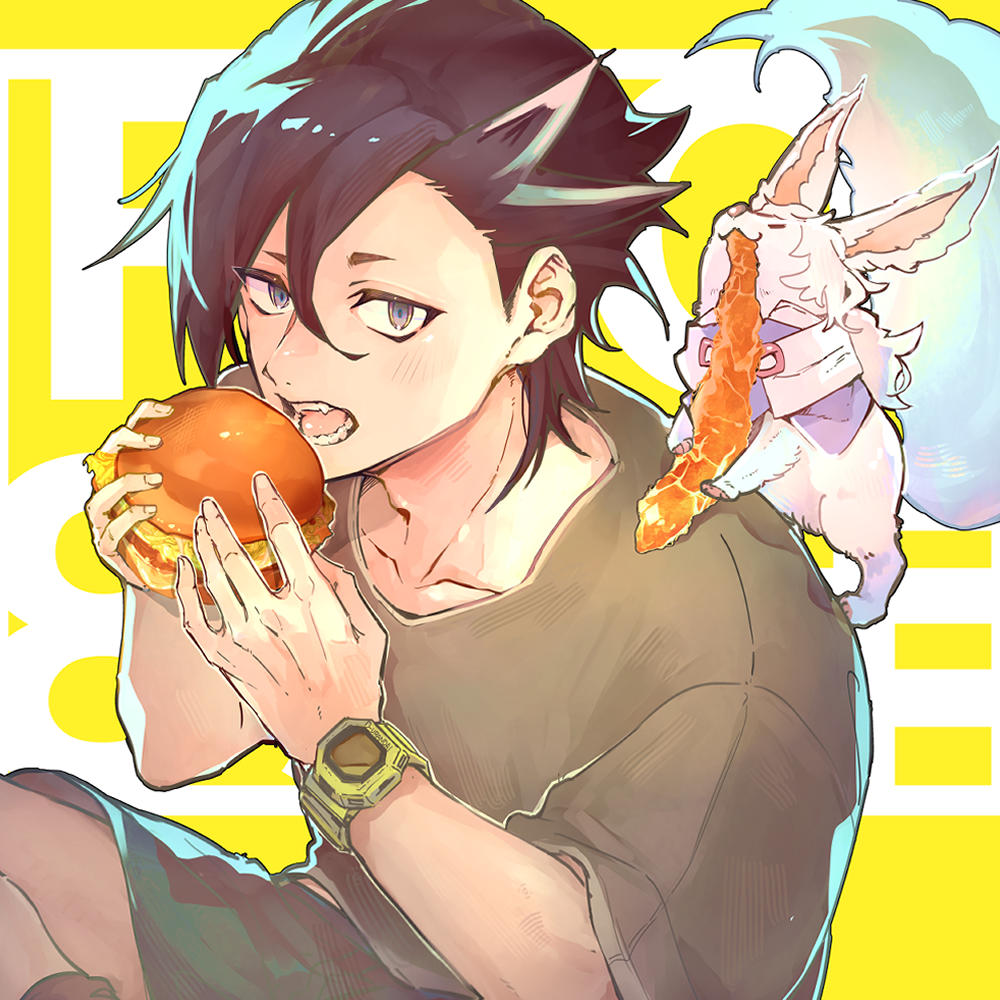 1boy, animal, animal_on_back, black_hair, black_shorts, burger, collarbone, fate/grand_order