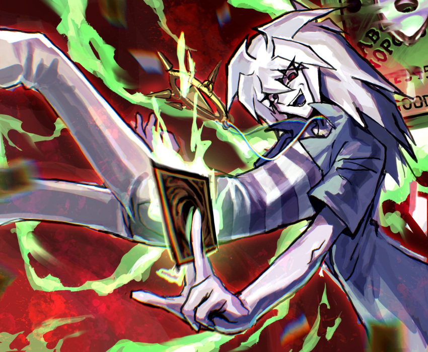 1boy, between_fingers, blue_shirt, card, colored_skin, commentary_request, feet_out_of_frame, grey_pants