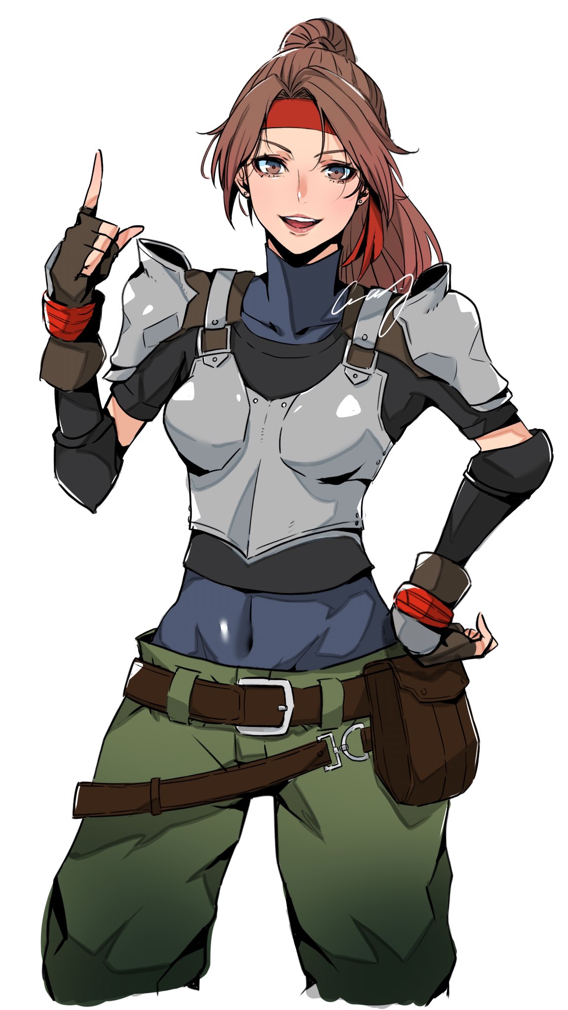 1girl, armor, bandana, belt, bodysuit, bodysuit_under_clothes, boobplate, breastplate, brown_eyes, brown_hair, cowboy_shot, crazy02oekaki, earrings, elbow_sleeve, final_fantasy, final_fantasy_vii, final_fantasy_vii_remake, fingerless_gloves, gloves, green_pants, hand_on_own_hip, headband, highres, index_finger_raised, jessie_rasberry, jewelry, looking_at_viewer, open_mouth, pants, ponytail, pouch, red_bandana, red_headband, shoulder_armor, signature, solo, standing, white_background