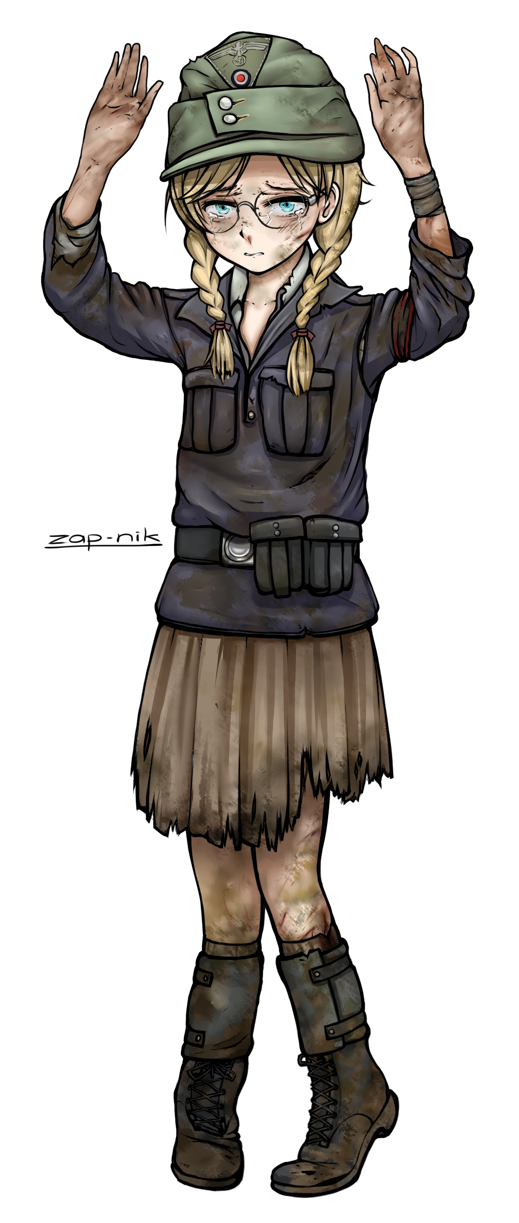 1girl, absurdres, ammunition_pouch, armband, arms_up, artist_name, bandaged_arm, bandages