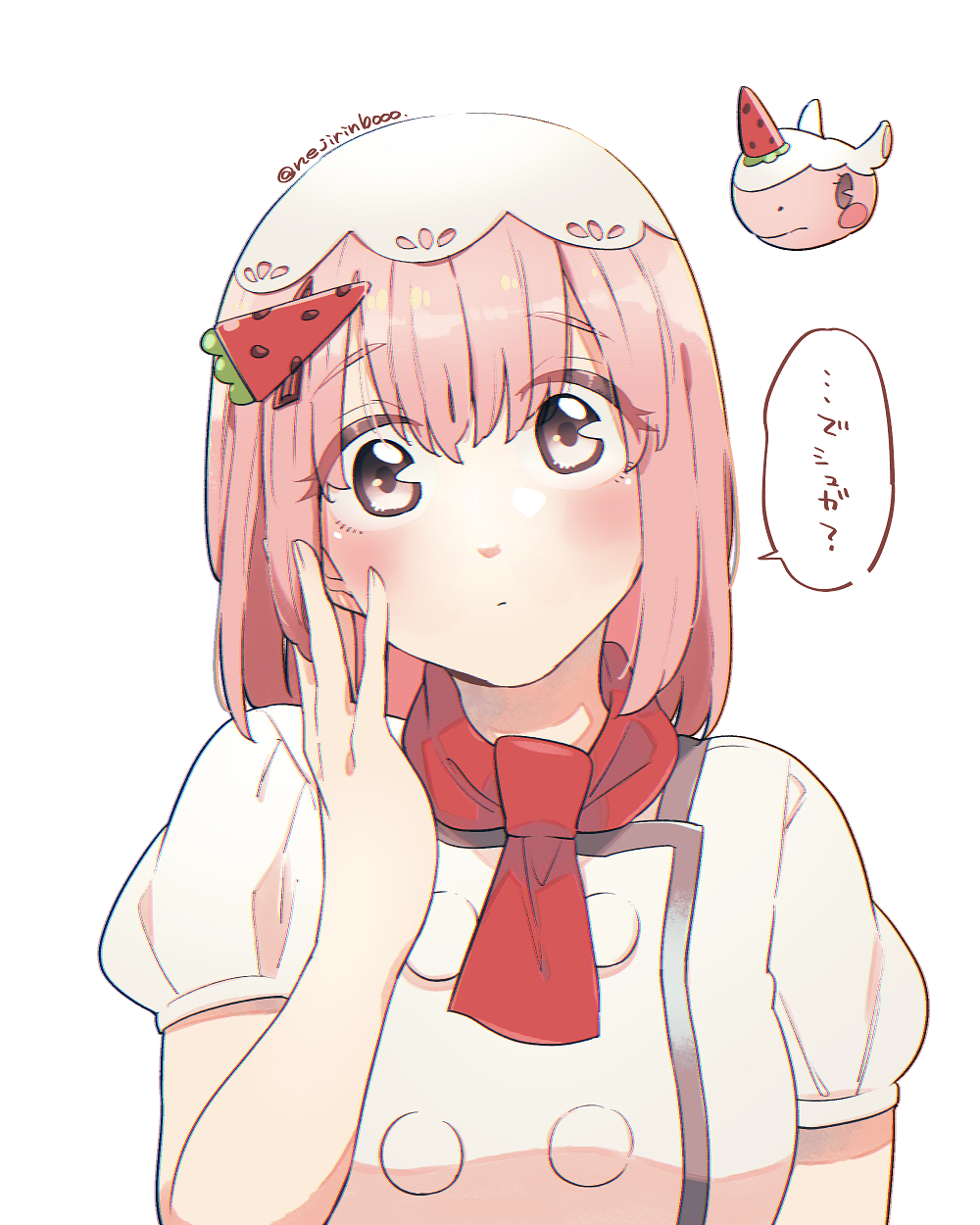 1girl, animal_crossing, ascot, blush, brown_eyes, buttons, chef, closed_mouth, double-breasted, eyelashes, food-themed_hair_ornament, hair_ornament, highres, humanization, jacket, merengue_(animal_crossing), neji_(ultramarinesunset), pink_hair, red_ascot, short_hair, short_sleeves, solo, speech_bubble, strawberry_hair_ornament, translation_request, twitter_username, upper_body, veil, white_jacket