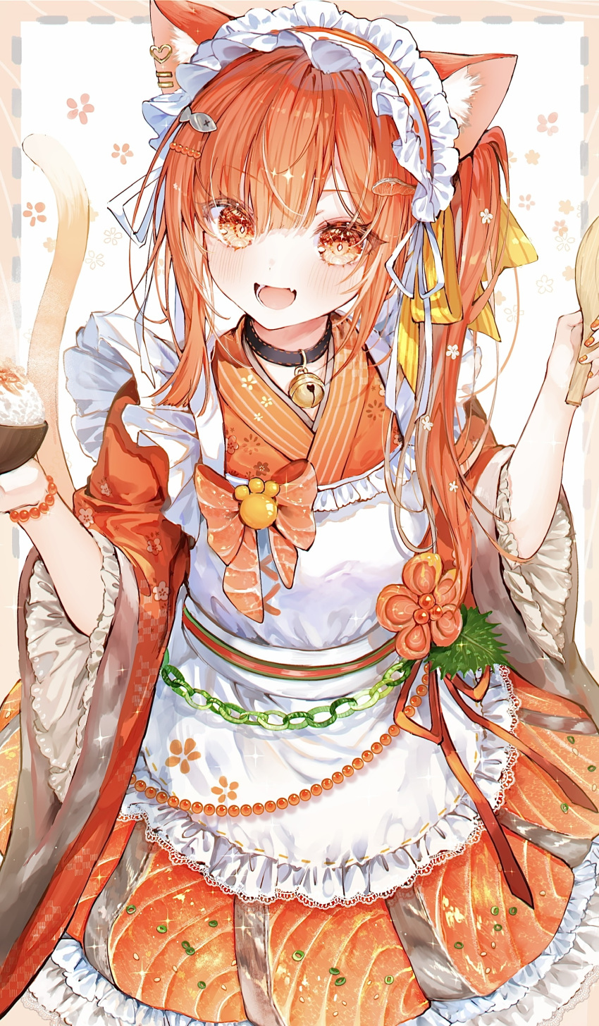 1girl, :d, absurdres, animal_ears, apron, bead_bracelet, beads, bell, bow, bowl, bracelet, cat_ears, cat_girl, cat_tail, commentary_request, cowboy_shot, fang, fish_(food), floral_print, food-themed_bracelet, food-themed_hair_ornament, food_as_clothes, frilled_sleeves, frills, hair_ornament, hands_up, highres, holding, holding_bowl, holding_utensil, ikura_(food), japanese_clothes, jewelry, kimono, lace-trimmed_apron, lace_trim, long_hair, looking_at_viewer, maid, maid_apron, maid_headdress, neck_bell, noyu_(noyu23386566), open_mouth, orange_bow, original, purple_hair, purple_kimono, rice, roe, salmon, side_ponytail, skin_fang, smile, solo, tail, violet_eyes, white_apron, wide_sleeves