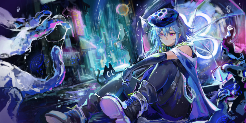 1boy, absurdres, arknights, black_footwear, black_gloves, black_pantyhose, black_shirt, black_shorts, blue_cape, blue_hair, blue_headwear, cape, cat, chinese_commentary, city, closed_mouth, colored_shoe_soles, commentary_request, cross-laced_footwear, elbow_gloves, full_body, gloves, hair_between_eyes, hat, highres, long_hair, male_focus, mizuki_yukikaze, neon_lights, night, outdoors, pantyhose, pink_eyes, rain, shirt, shoes, shorts, sign, sitting, sleeveless, sleeveless_shirt, solo, tentacles, transparent, transparent_umbrella, umbrella, yuziwen025
