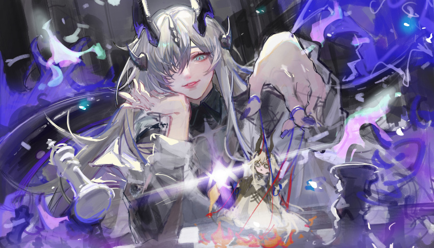 1girl, absurdres, arknights, blonde_hair, character_doll, chess_piece, chessboard, chinese_commentary