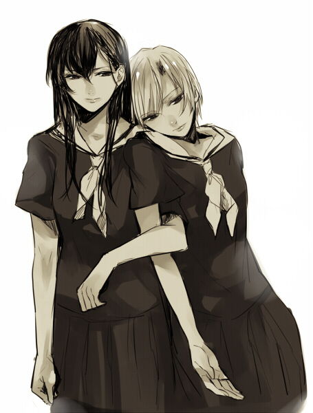 black_eyes, friends, hasekura_rei, head_on_shoulder, lips, locked_arms, maria-sama_ga_miteru, mochako_(motyako)