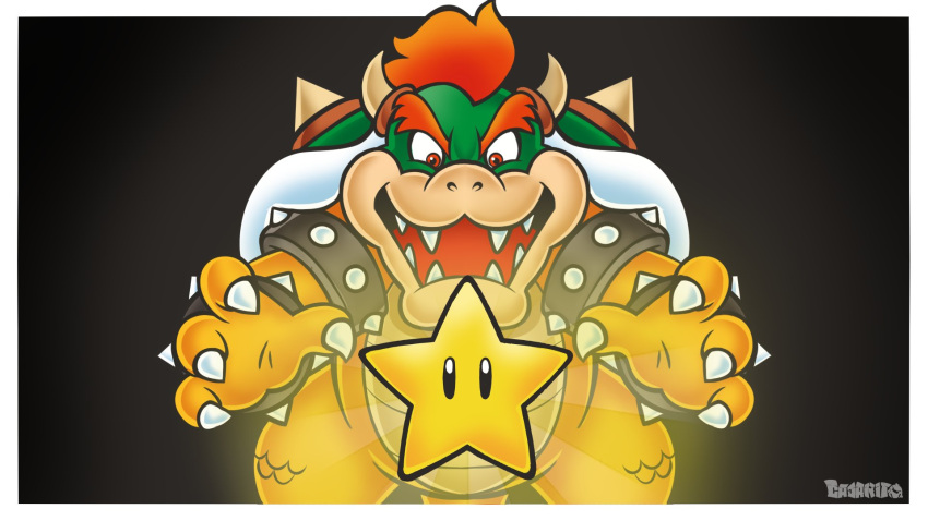 1boy, armlet, artist_name, black_background, border, bowser, bracelet, elcajarito