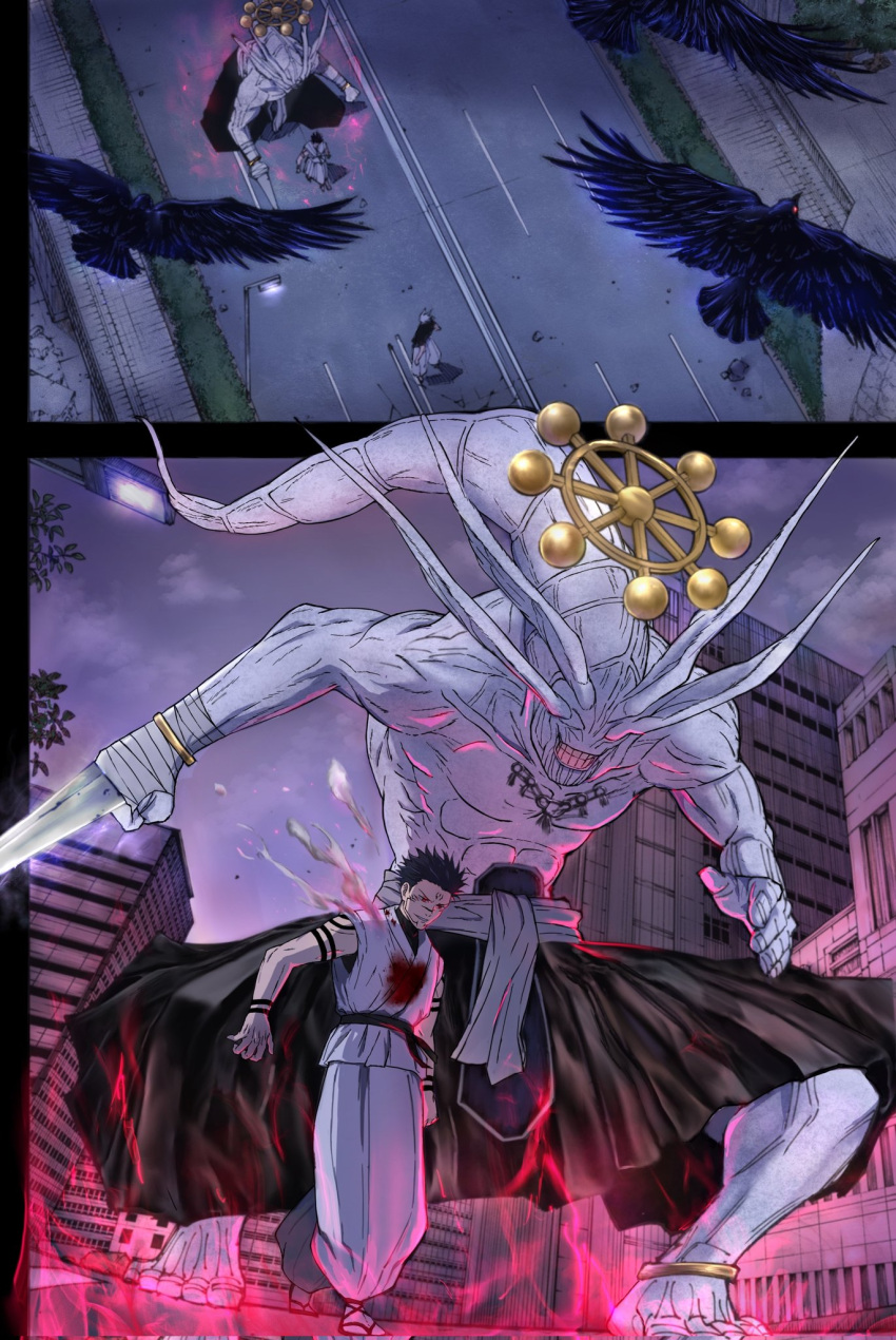 1other, 2boys, akutami_gege, arm_tattoo, bird, black_hair, blood, blood_on_clothes