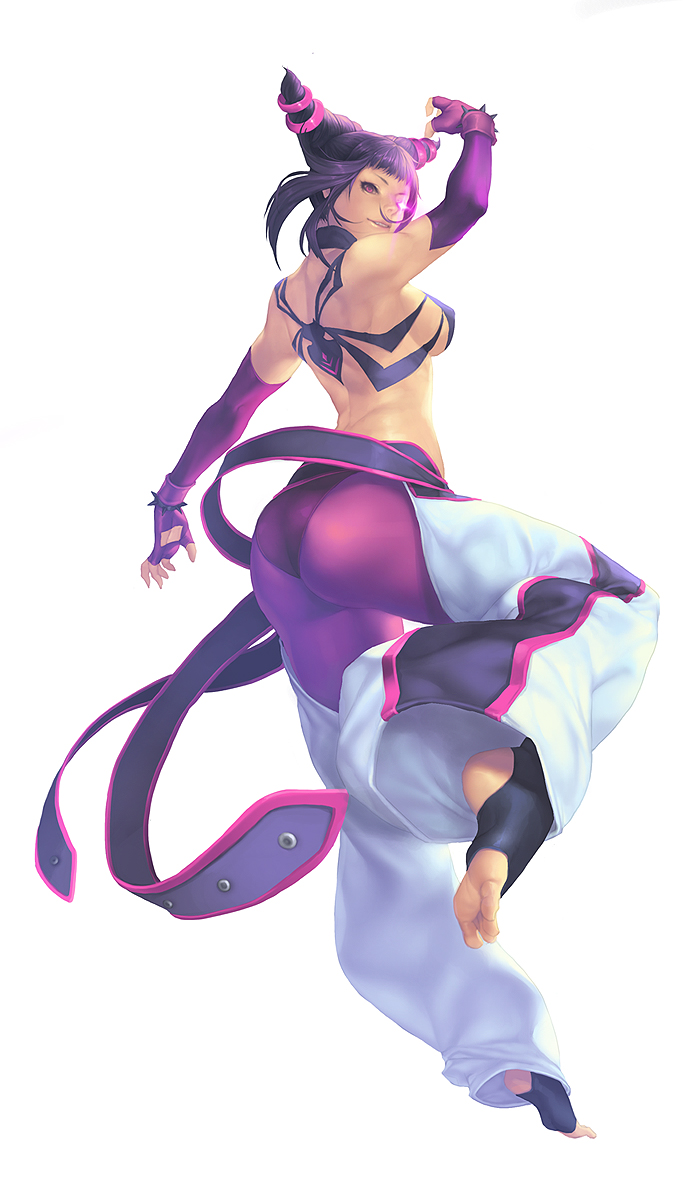 ass, back, bare_shoulders, barefoot, belt, big_ass, black_hair, breasts, cacao, capcom, elbow_gloves, erect_nipples, feet, fingerless_gloves, gloves, glowing_eye, han_juri, highres, huge_ass, lipstick, looking_back, purple_eyes, short_hair, sideboob, simple_background, soles, solo, spikes, street_fighter, street_fighter_iv, toeless_socks, toes, toned, violet_eyes