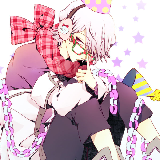 boots, glasses, hair_over_one_eye, hat, male, pandora_hearts, paper_chain, party_hat