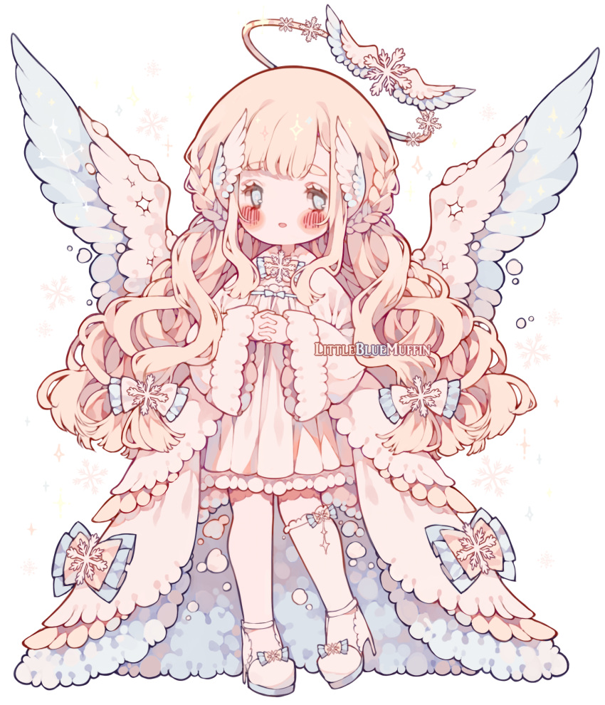 1girl, angel, angel_wings, artist_name, asymmetrical_legwear, blonde_hair, blue_eyes, blush