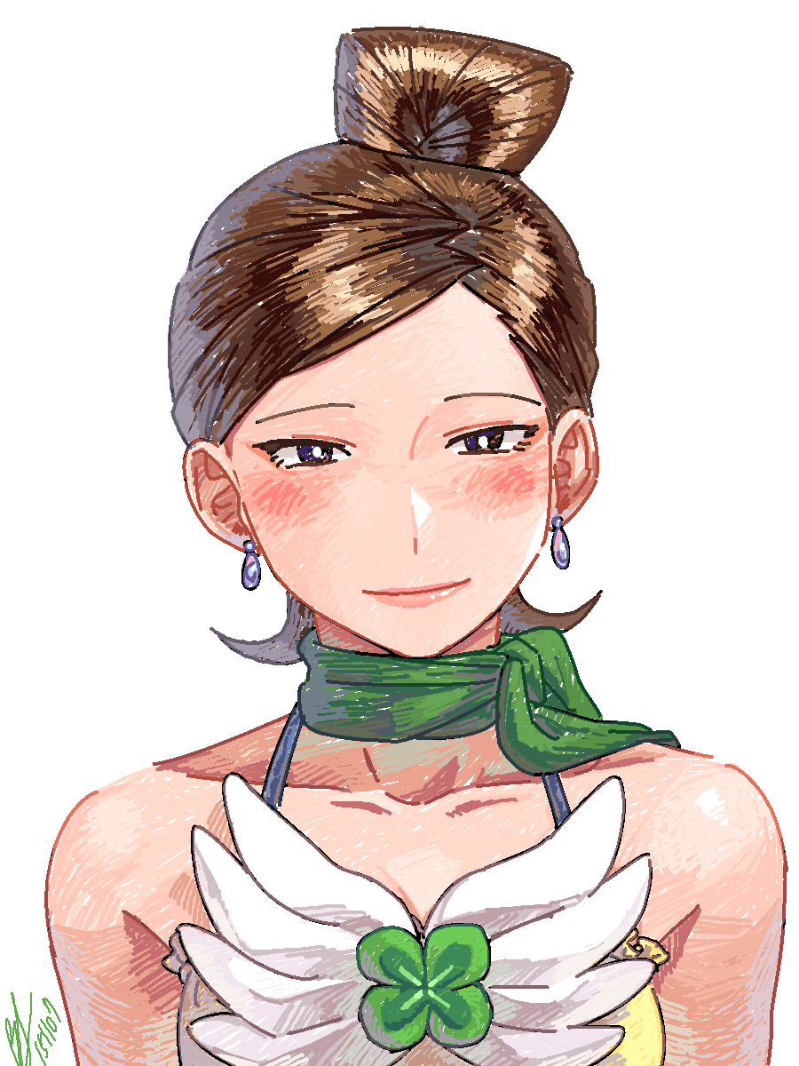 ace_attorney, alita_tiala, arms_at_sides, artist_name, bare_shoulders, blush, brown_hair, closed_mouth