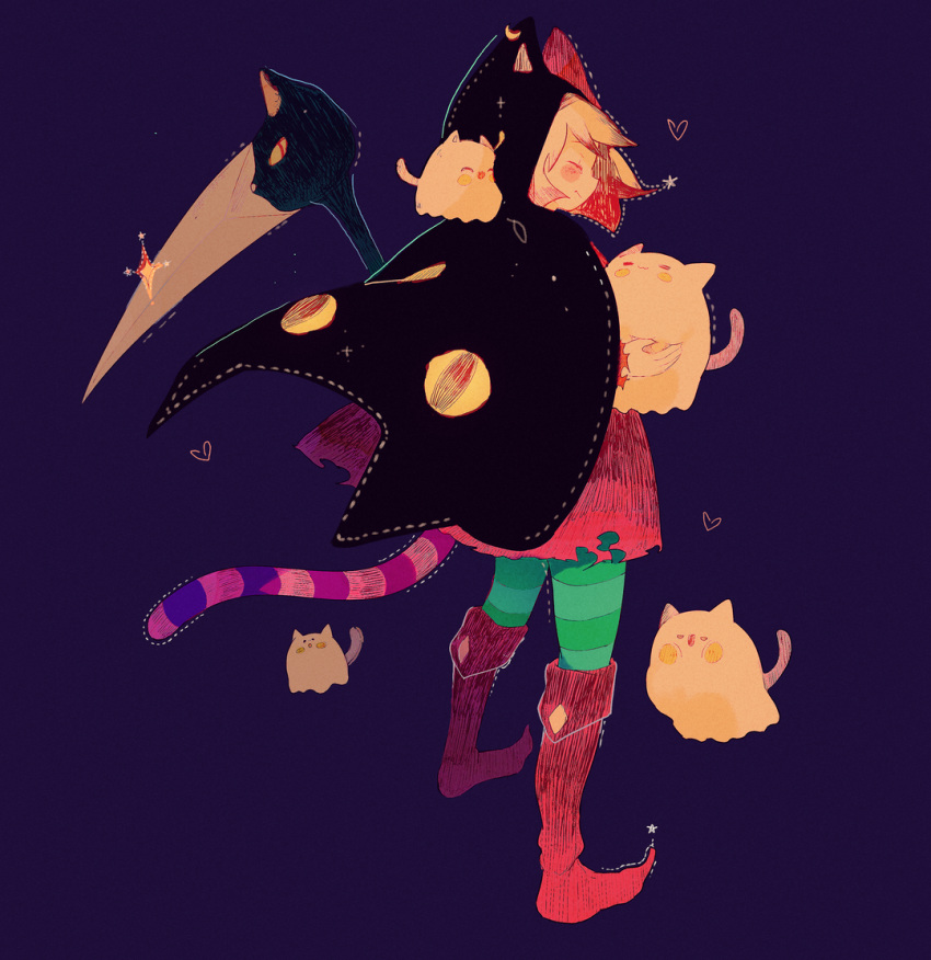 1girl, animal, animal_ear_hood, animal_ears, black_cloak, blue_pantyhose, blush_stickers, boots, breasts, cat, cat_ears, cloak, closed_eyes, closed_mouth, dress, english_commentary, from_behind, ghost, heart, holding, holding_animal, holding_cat, hood, hood_up, hooded_cloak, hoshi-pan, knee_boots, original, pantyhose, pink_dress, pink_footwear, pointy_footwear, purple_background, scythe, short_dress, short_hair, small_breasts, sparkle, striped, striped_pantyhose, striped_tail, tail, torn_clothes, torn_dress, weapon, weapon_on_back, white_hair