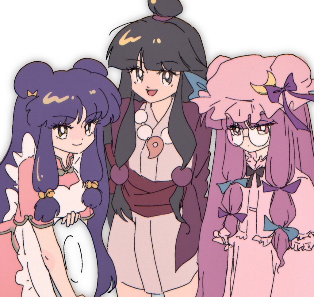 3girls, ace_attorney, apron, beads, bell, black_hair, blue_bow, blunt_bangs