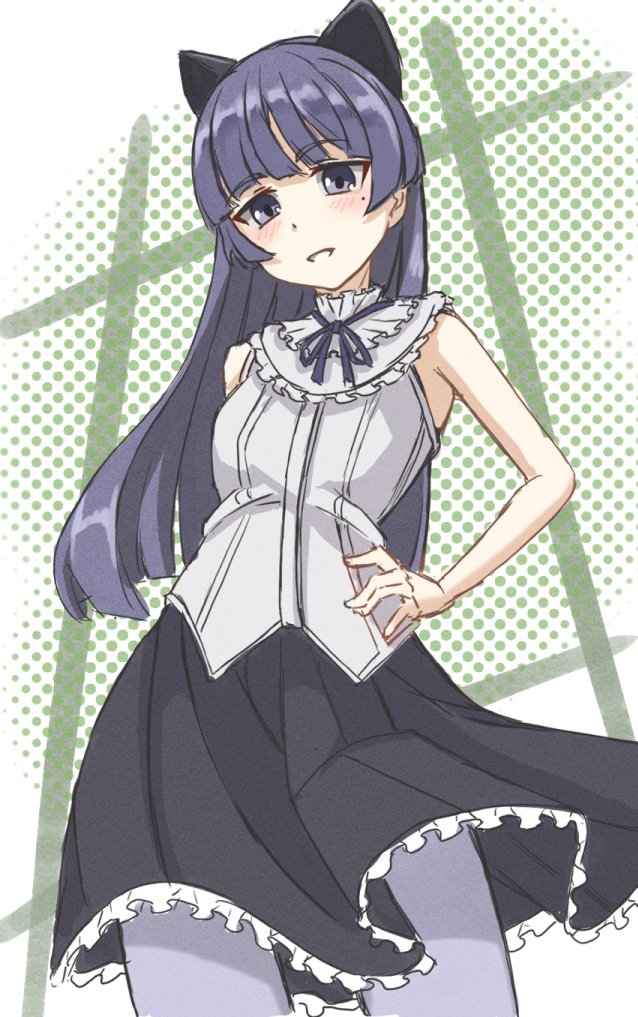 1girl, animal_ears, black_hair, black_skirt, blue_eyes, cat_ears, collar, cowboy_shot