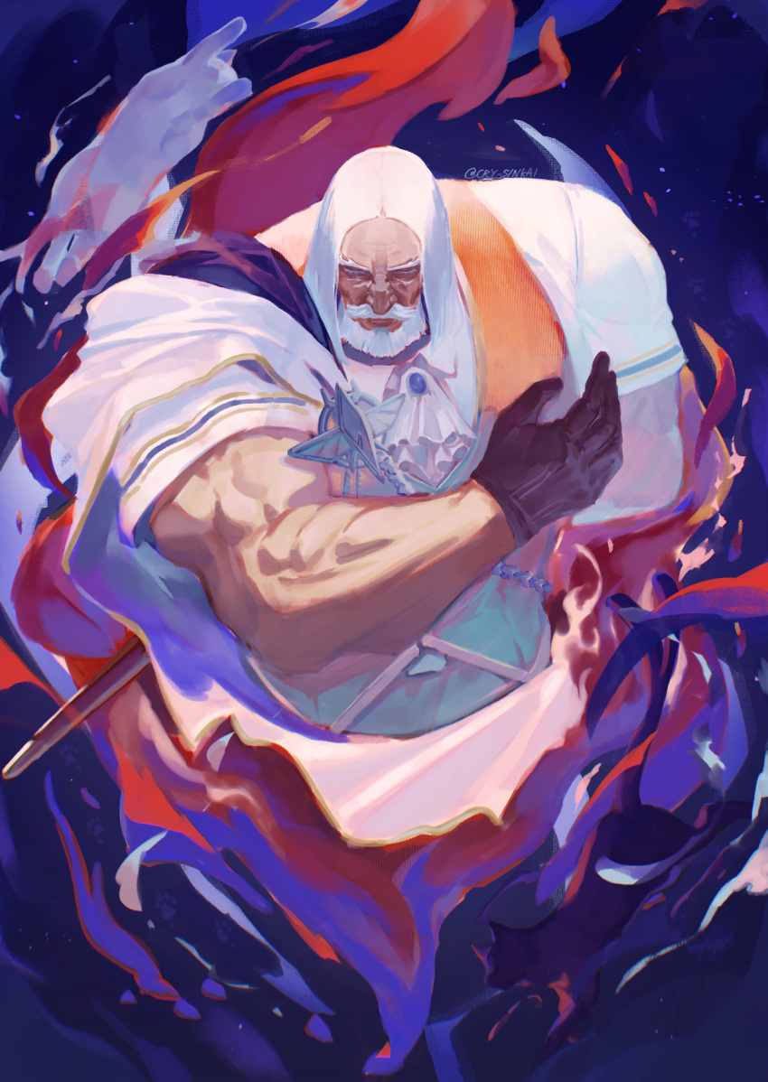 artist_name, ascot, beard, black_cat, black_gloves, blue_background, cat, cry_sinkai