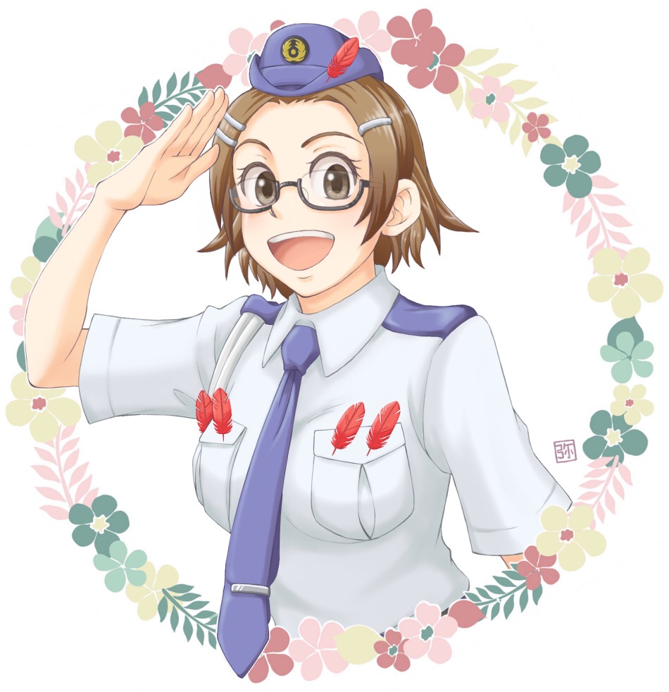 1girl, :d, ace_attorney, blue_headwear, blue_necktie, brown_eyes, brown_hair, feathers