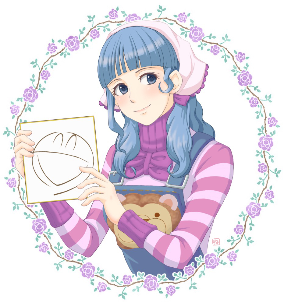 1girl, :d, ace_attorney, blue_eyes, blue_hair, blue_overalls, blunt_bangs, floral_background