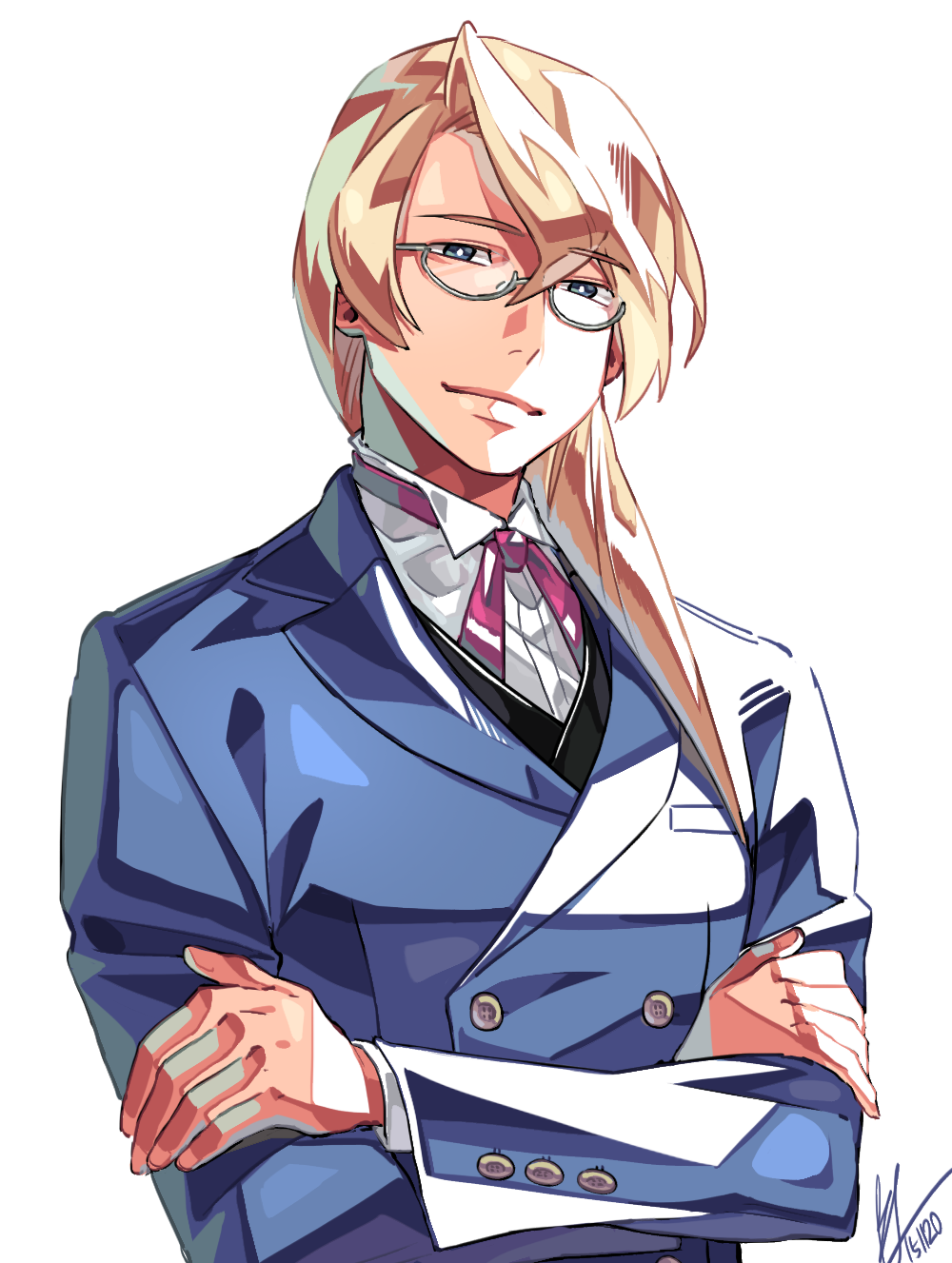 1boy, ace_attorney, blonde_hair, blue_jacket, breast_pocket, buttons, closed_mouth, collared_shirt