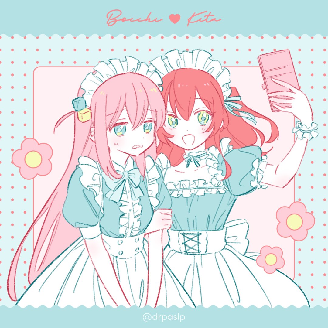 2girls, :d, arm_grab, blue_bow, blue_dress, blue_eyes, blush, bocchi_the_rock!