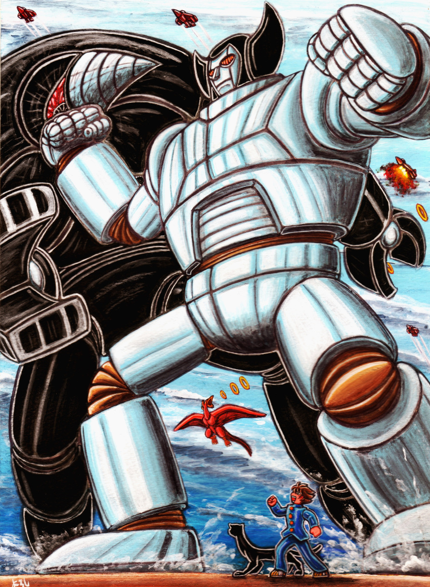 1boy, absurdres, aircraft, airplane, babel_ii, blue_shirt, brown_hair, fighter_jet, furuta_yoroshi, highres, kamiya_kouichi, mecha, military_vehicle, outdoors, poseidon_(babel_ii), punching, robot, rodem_(babel_ii), ropross, shirt, super_robot