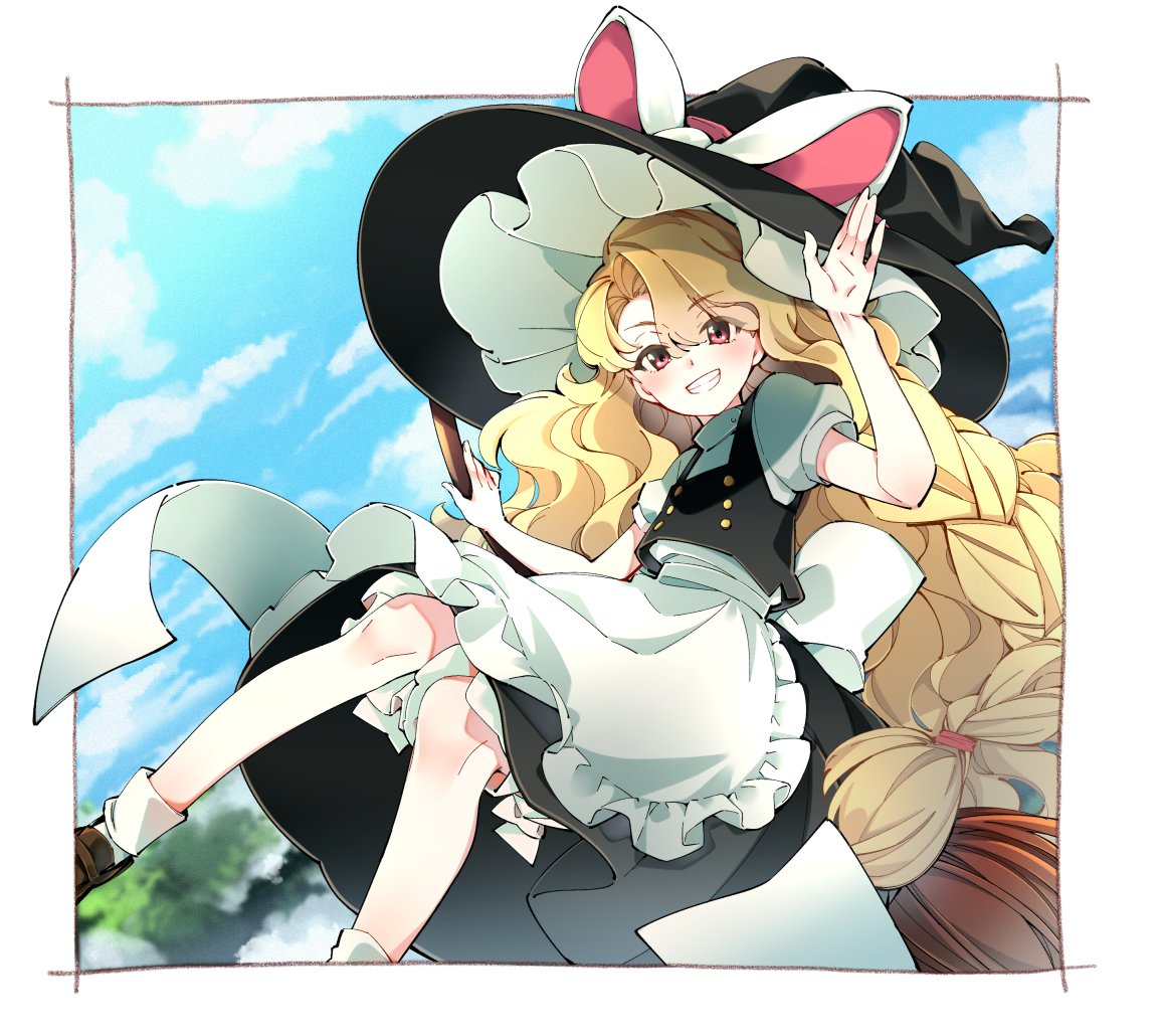 1girl, apron, black_headwear, black_jacket, black_skirt, blonde_hair, border, buruma