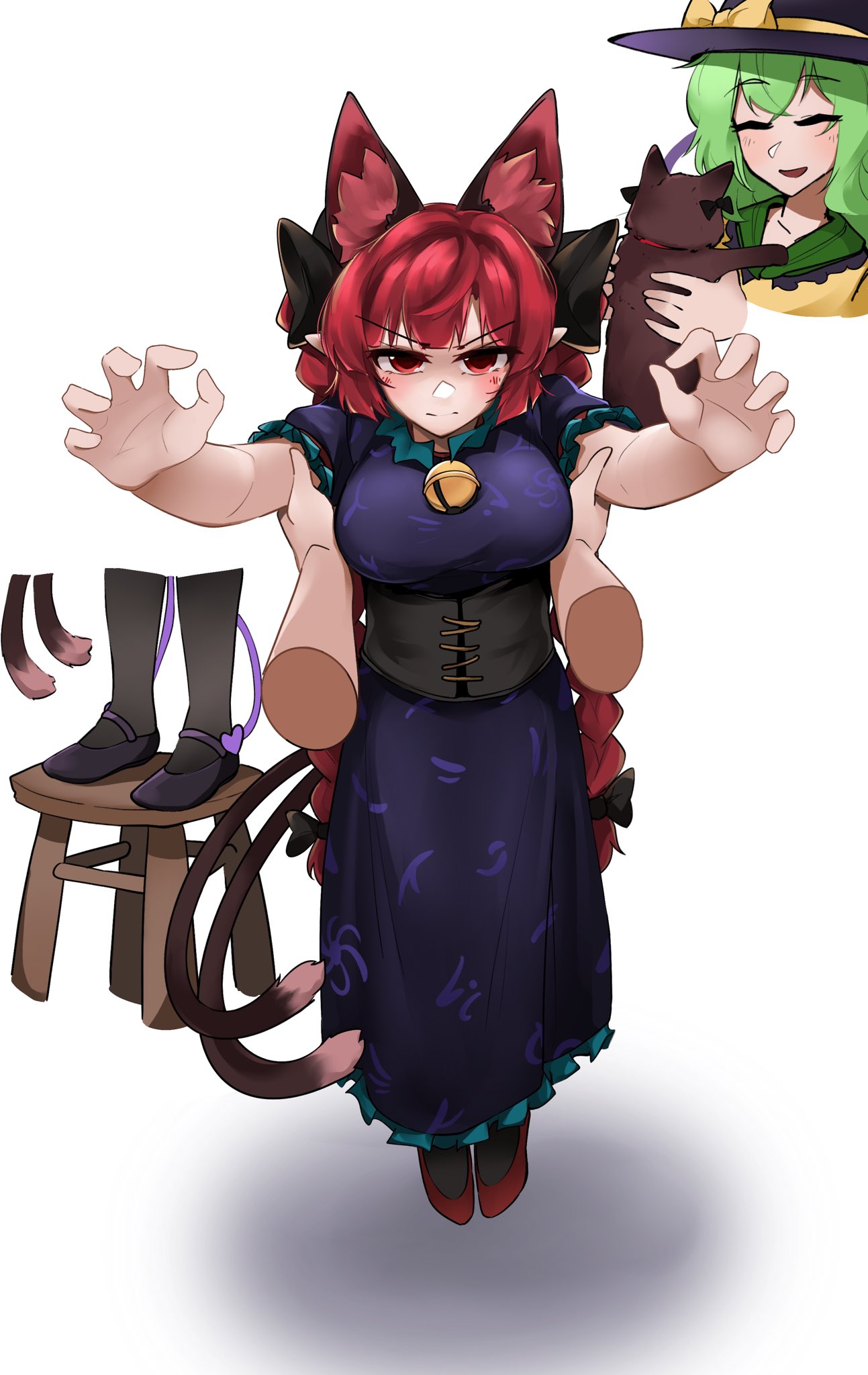2girls, animal_ears, bell, black_shirt, black_skirt, braid, breasts, carrying