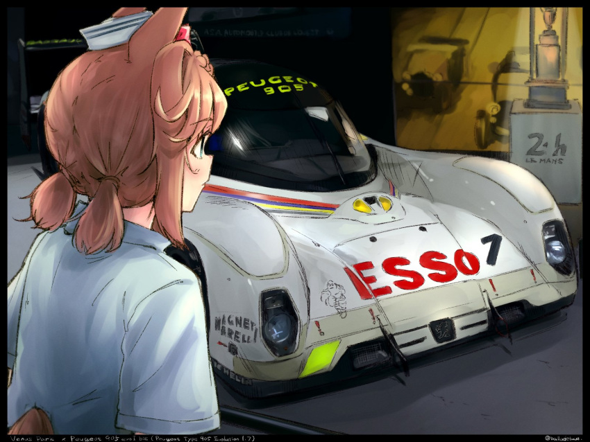 1girl, animal_ears, balladeluce, black_border, blue_eyes, blush, border, brown_hair, car, character_name, circuit_de_la_sarthe, hat, highres, horse_ears, horse_girl, horse_tail, le_mans_prototype, looking_ahead, low_twintails, michelin, michelin_man, motor_vehicle, parted_lips, peugeot, peugeot_905, race_vehicle, racecar, sailor_hat, short_hair, short_twintails, spoiler_(automobile), tail, trophy, twintails, umamusume, vehicle_focus, vehicle_name, venus_park_(umamusume), white_headwear, world_sportscar_championship