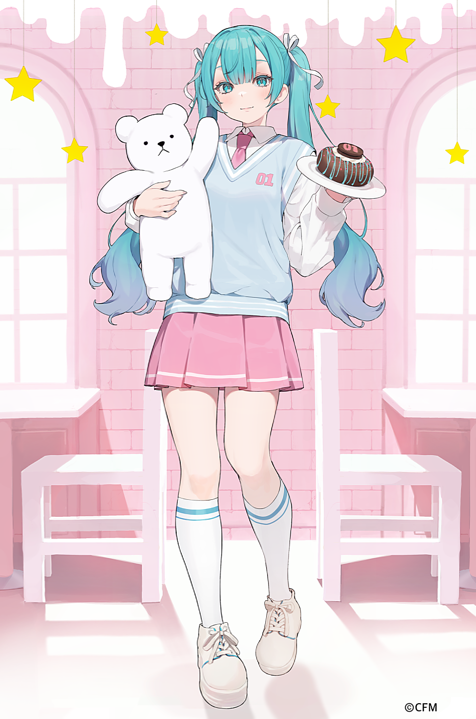 1girl, aqua_eyes, aqua_hair, artist_name, blue_hair, blue_sweater_vest, blush, chair