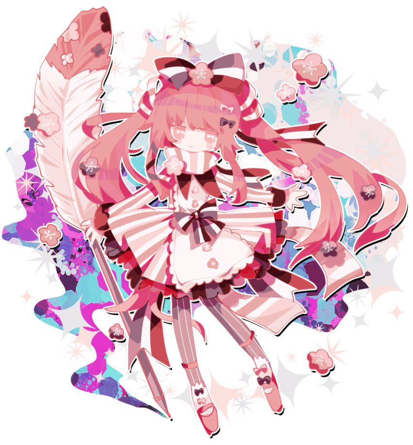 1girl, black_bow, blush_stickers, bow, bright_pupils, brown_pantyhose, cherry_blossoms, closed_mouth