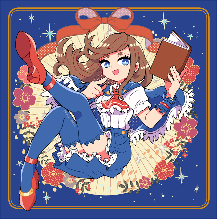 1girl, ascot, blue_capelet, blue_eyes, blue_thighhighs, book, brown_hair, capelet, castlevania, castlevania:_portrait_of_ruin, charlotte_aulin, flower, holding, holding_book, leg_up, long_hair, looking_at_viewer, oimo_(motu_club), open_mouth, red_footwear, shirt, skirt, sparkle, thigh-highs, white_shirt