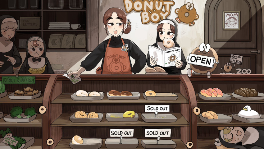5girls, :d, ^_^, apron, banana, bird, black_bow, black_bowtie