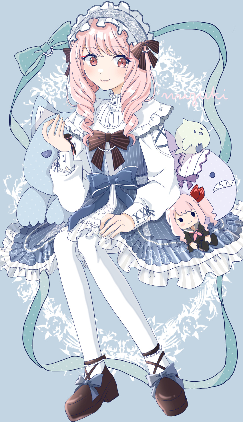 1other, absurdres, akiyama_mizuki, asako_(puiu9k), blue_bow, bow, brown_bow, brown_footwear, character_doll, colorful_festival_(project_sekai), dress, dress_shoes, drill_hair, frilled_hairband, frills, hairband, highres, long_hair, mini_person, multicolored_clothes, multicolored_dress, official_alternate_costume, official_alternate_hair_length, official_alternate_hairstyle, pink_hair, project_sekai, ribbon, stuffed_animal, stuffed_toy, white_hairband