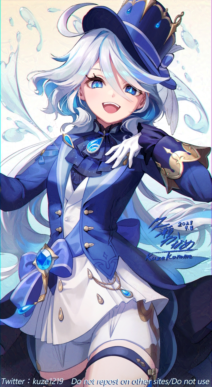 1girl, :d, ahoge, ascot, blue_ascot, blue_eyes, blue_hair, blue_headwear