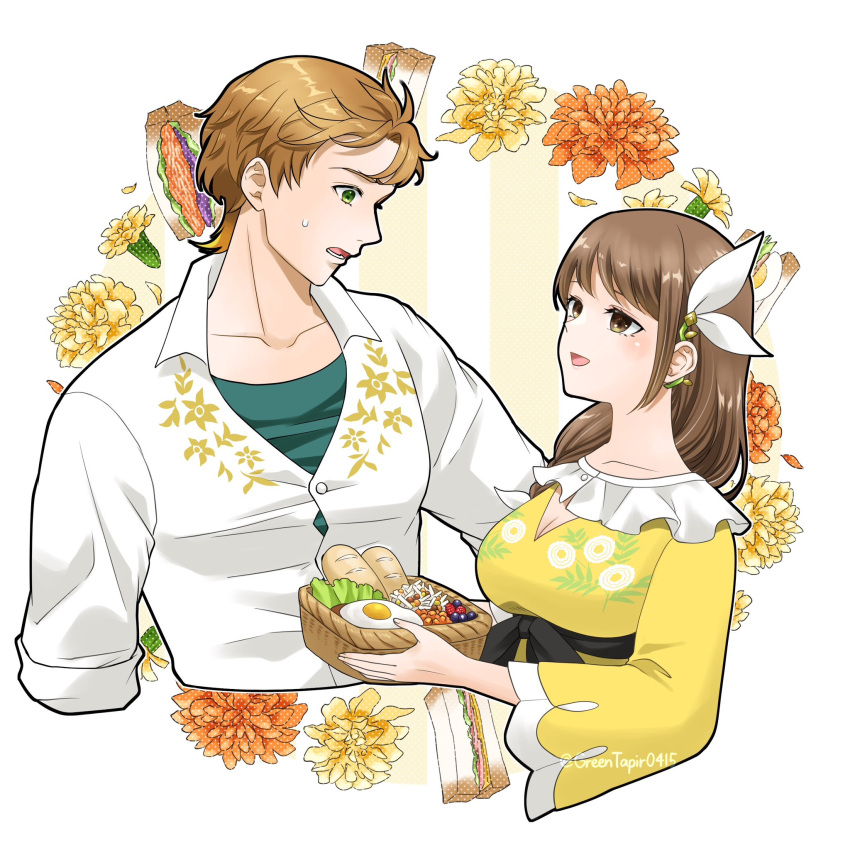 1boy, 1girl, boucheron_(fire_emblem), brown_eyes, brown_hair, fire_emblem, fire_emblem_engage, flower