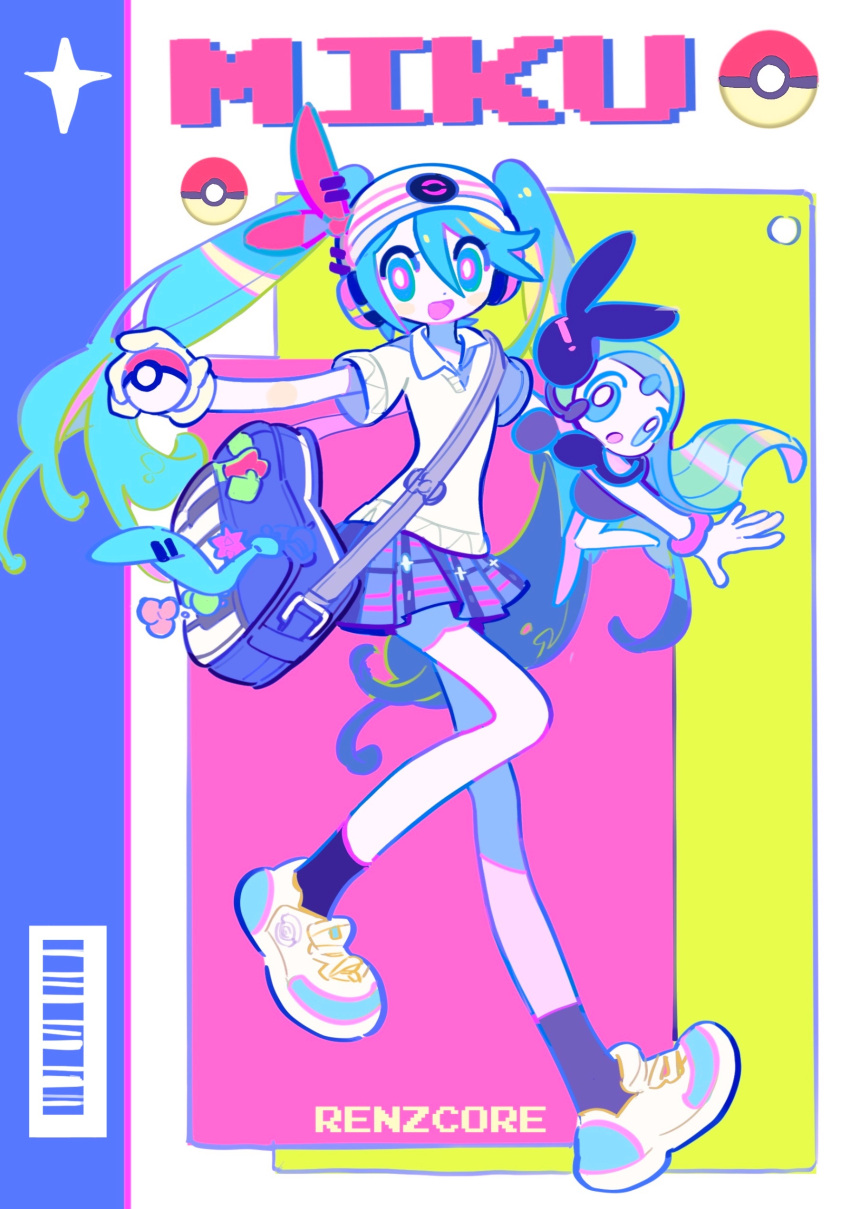 1girl, absurdres, artist_name, bag, barcode, beanie, black_skirt, black_socks, blue_background, blue_eyes, blue_hair, blue_necktie, bracelet, bright_pupils, character_name, collared_shirt, commentary, creature_on_arm, hair_ribbon, hair_through_headwear, hat, hatsune_miku, headphones, highres, holding, holding_poke_ball, jewelry, long_hair, looking_at_viewer, meloetta, meloetta_(aria), multicolored_background, multicolored_eyes, necktie, necktie_removed, outstretched_arms, pink_background, pink_eyes, pleated_skirt, poke_ball, pokemon, pokemon_(creature), project_voltage, red_ribbon, renzhi00334233, ribbon, shirt, shoes, short_sleeves, shoulder_bag, skirt, smile, sneakers, socks, solo, spread_arms, standing, standing_on_one_leg, sweater, symbol-only_commentary, twintails, vocaloid, white_background, white_headwear, white_pupils, white_shirt, white_sweater, yellow_background