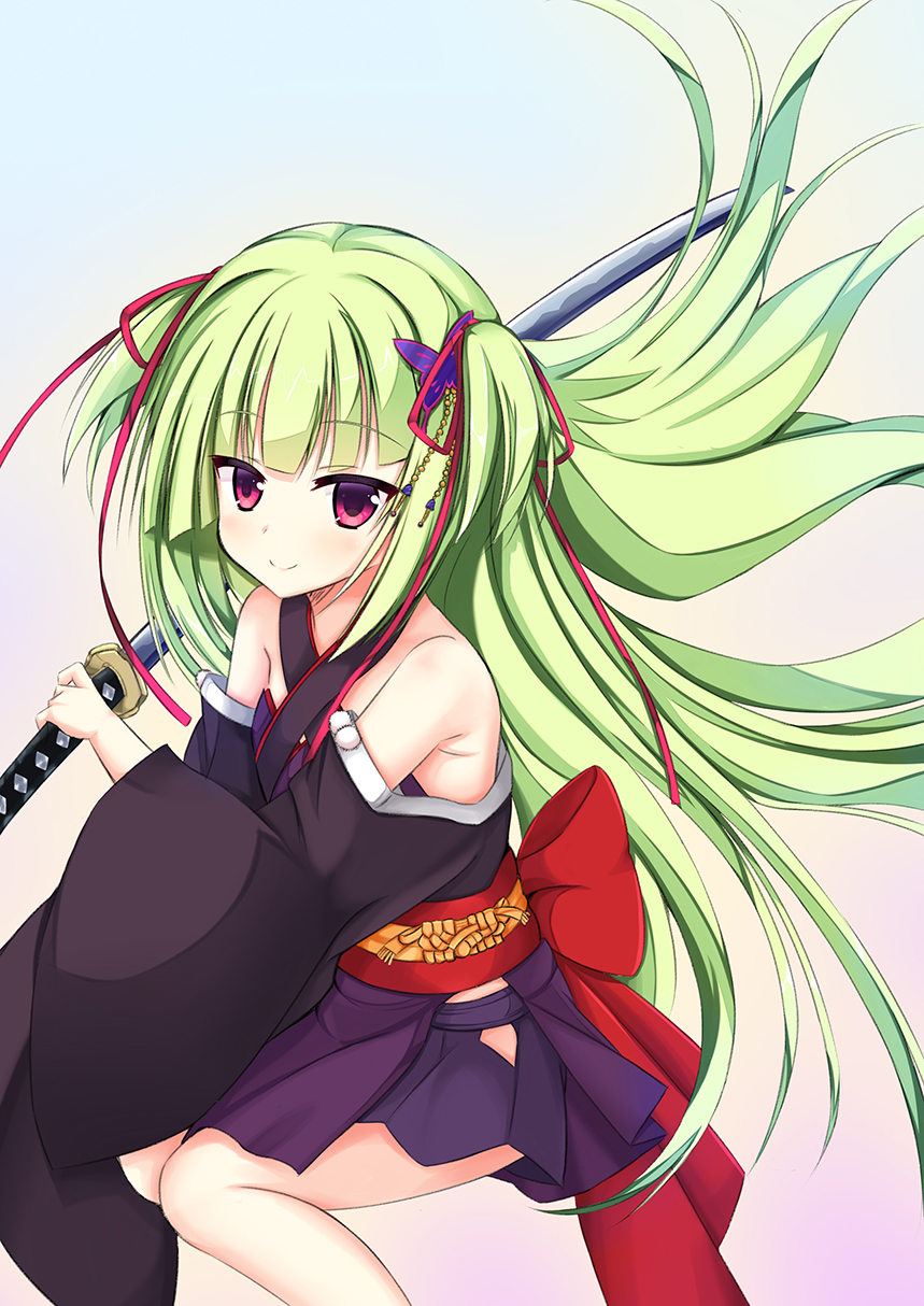 1girl, back_bow, bare_shoulders, black_kimono, black_skirt, blunt_bangs, blush, bow