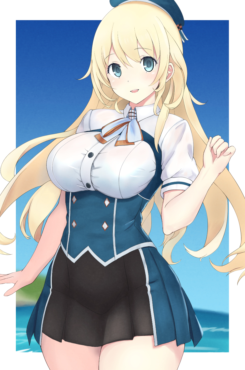 1girl, adapted_costume, ascot, atago_(kancolle), beret, black_skirt, blonde_hair, blue_sky