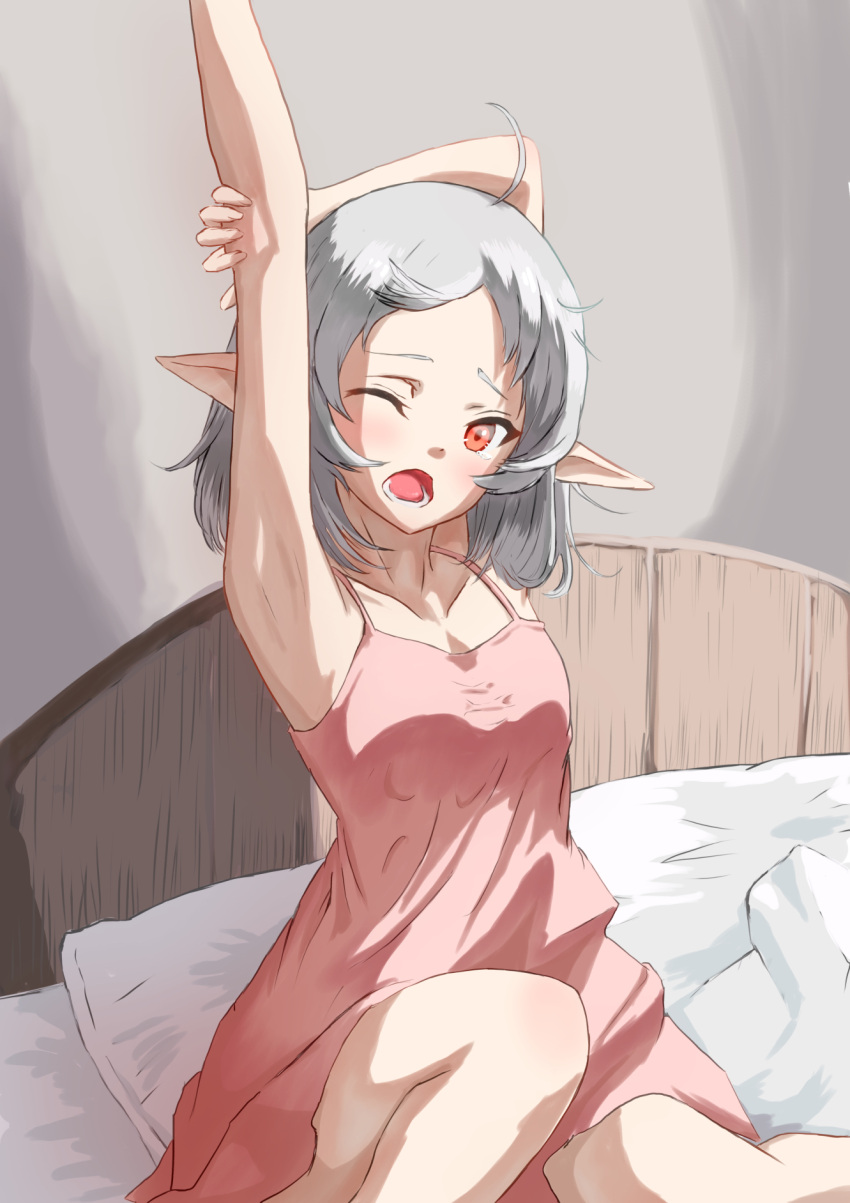 1girl, ahoge, arm_up, bed, commentary_request, elf, highres, indoors, looking_at_viewer, medium_hair, mushoku_tensei, nightgown, on_bed, one_eye_closed, open_mouth, pink_nightgown, pointy_ears, red_eyes, solo, stretching, syagare, sylphiette_(mushoku_tensei), waking_up, white_hair