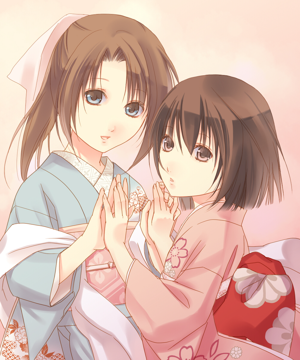 brown_hair, fuuchouin_kazuki, getbackers, hands, highres, japanese_clothes, kakei_sakura, kimono