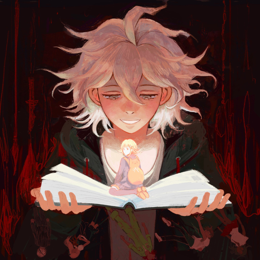 3girls, 4boys, backpack, bag, black_background, book, brown_hair, danganronpa_(series)