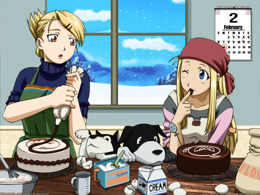 2girls, bandana, black_hayate, blonde_hair, blue_eyes, brown_eyes, cake, chocolate