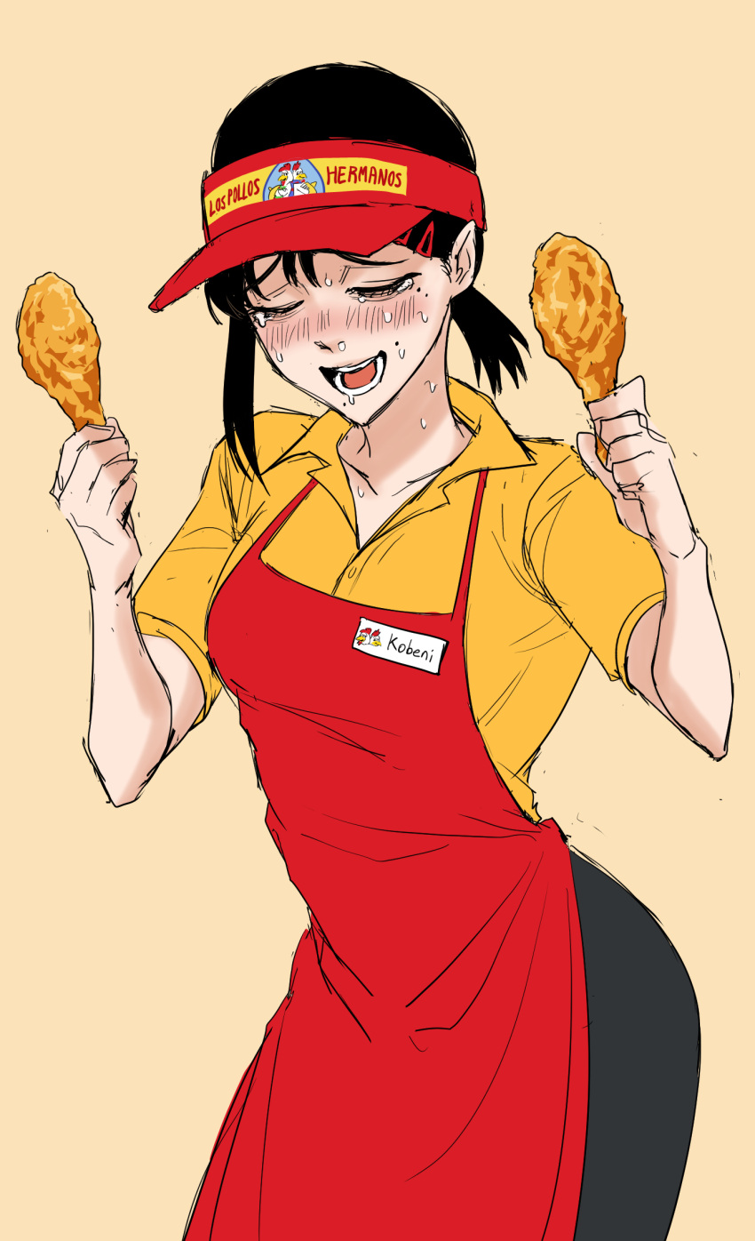 1girl, apron, black_hair, black_pants, breaking_bad, chainsaw_man, chicken_(food), closed_eyes