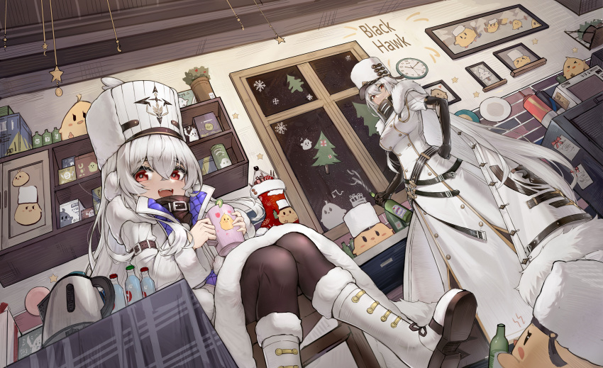 2girls, absurdres, azur_lane, bird, black_pantyhose, boots, bottle, chick, clock, coat, crossed_bangs, cup, earmuffs, electric_kettle, flower_pot, hair_between_eyes, highres, holding, holding_bottle, holding_cup, indoors, kettle, long_coat, manjuu_(azur_lane), multiple_girls, open_mouth, pantyhose, red_eyes, sitting, smile, sovetskaya_rossiya_(azur_lane), standing, stremitelny_(azur_lane), sunlinli2001, table, tablecloth, white_coat, white_footwear, white_hair, white_headwear