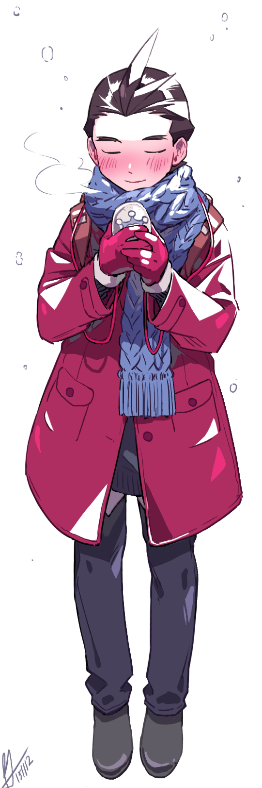 1boy, ace_attorney, antenna_hair, apollo_justice, black_footwear, black_pants, black_sweater, blue_badger