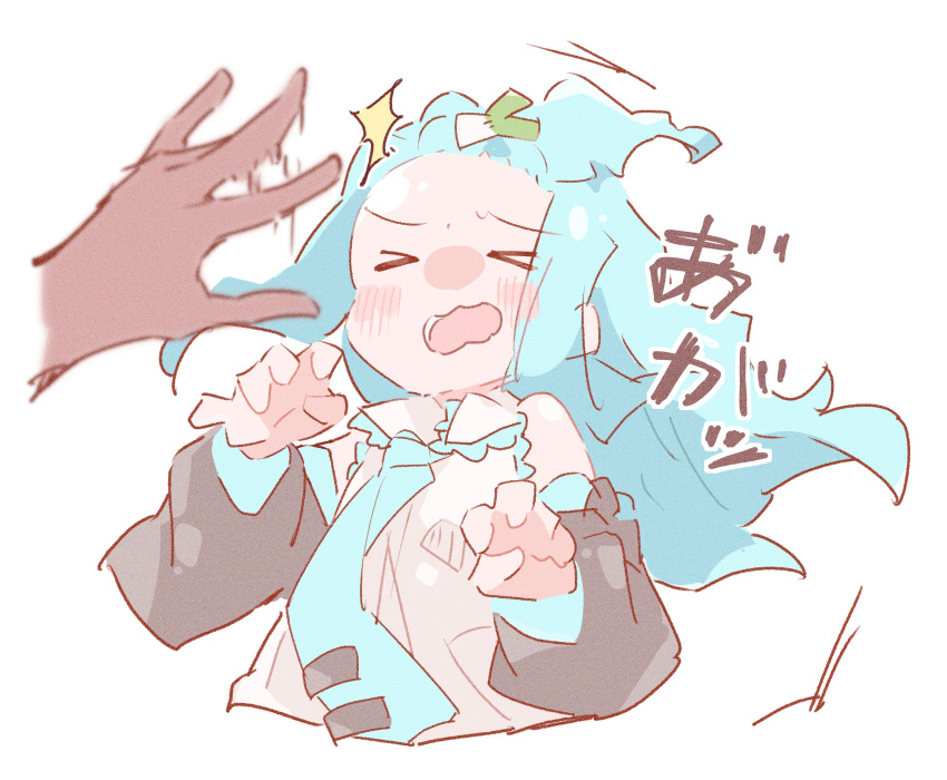 >_<, 1girl, 1other, absurdres, black_sleeves, blue_hair, blue_necktie, blue_trim