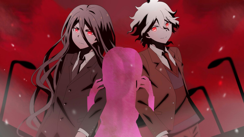 2boys, black_necktie, brown_jacket, danganronpa_(series), danganronpa_3_(anime), formal, frown, grabbing_another's_arm, hair_between_eyes, hope's_peak_academy_school_uniform, jacket, kamukura_izuru, komaeda_nagito, long_hair, long_sleeves, male_focus, mano_(16246), multiple_boys, nanami_chiaki, necktie, open_clothes, open_jacket, red_background, red_eyes, red_necktie, school_uniform, smile, spoilers, vest