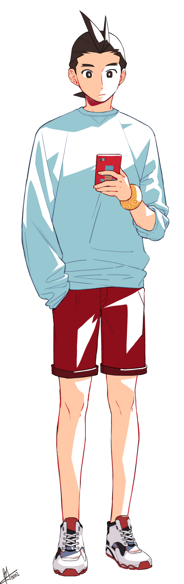 1boy, ace_attorney, apollo_justice, bracelet, brown_eyes, brown_hair, cellphone, cross-laced_footwear