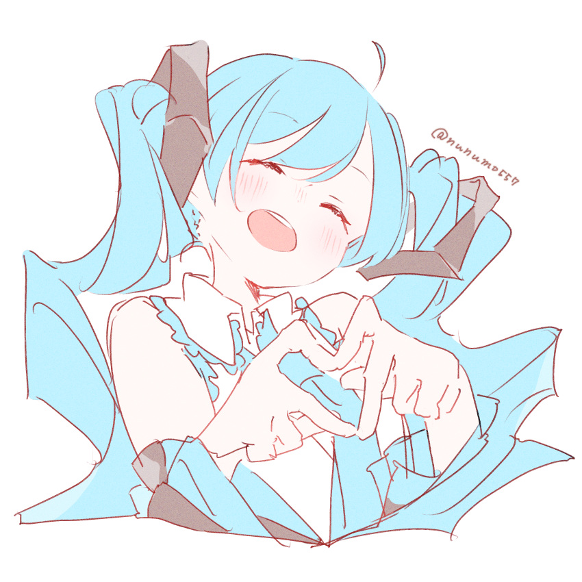 1girl, absurdres, ahoge, black_sleeves, blue_hair, blue_necktie, blue_trim, closed_eyes