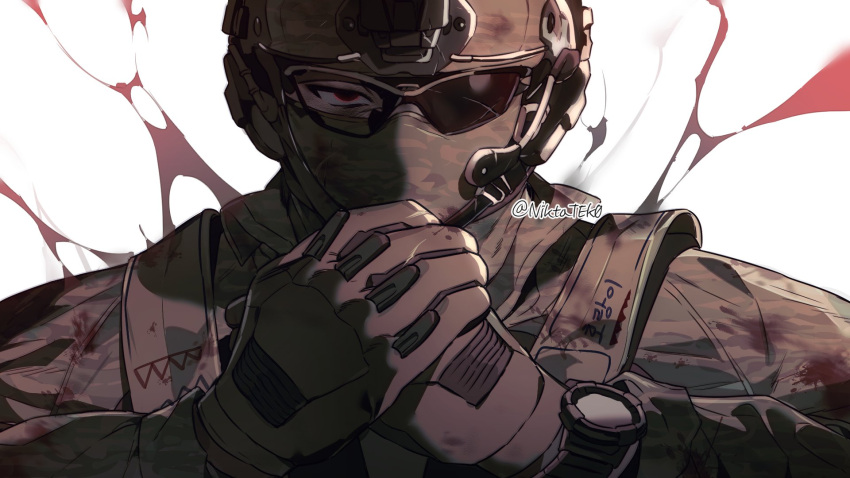 1boy, black_gloves, black_jacket, blood, blood_on_clothes, broken_eyewear, call_of_duty, call_of_duty:_modern_warfare_2
