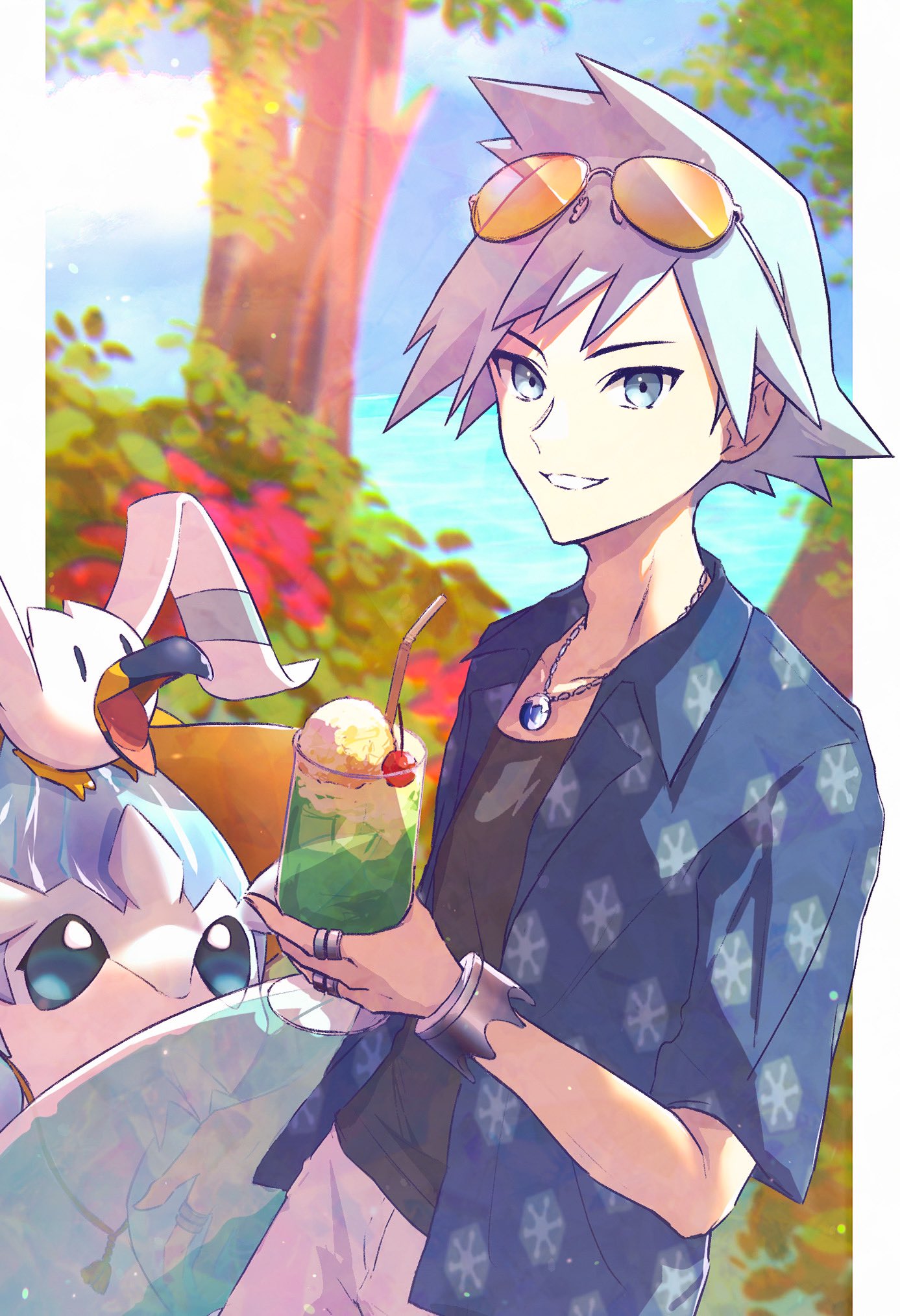 1boy, alolan_sandslash, anidf, blue_shirt, bracelet, cherry, collared_shirt, commentary, cup, day, eyewear_on_head, food, fruit, glass, grin, highres, holding, holding_cup, jewelry, male_focus, necklace, official_alternate_costume, open_clothes, open_shirt, outdoors, pokemon, pokemon_(game), pokemon_masters_ex, ring, shirt, short_hair, shorts, smile, spiky_hair, steven_stone, steven_stone_(summer_2020), sunglasses, symbol-only_commentary, teeth, undershirt, wingull